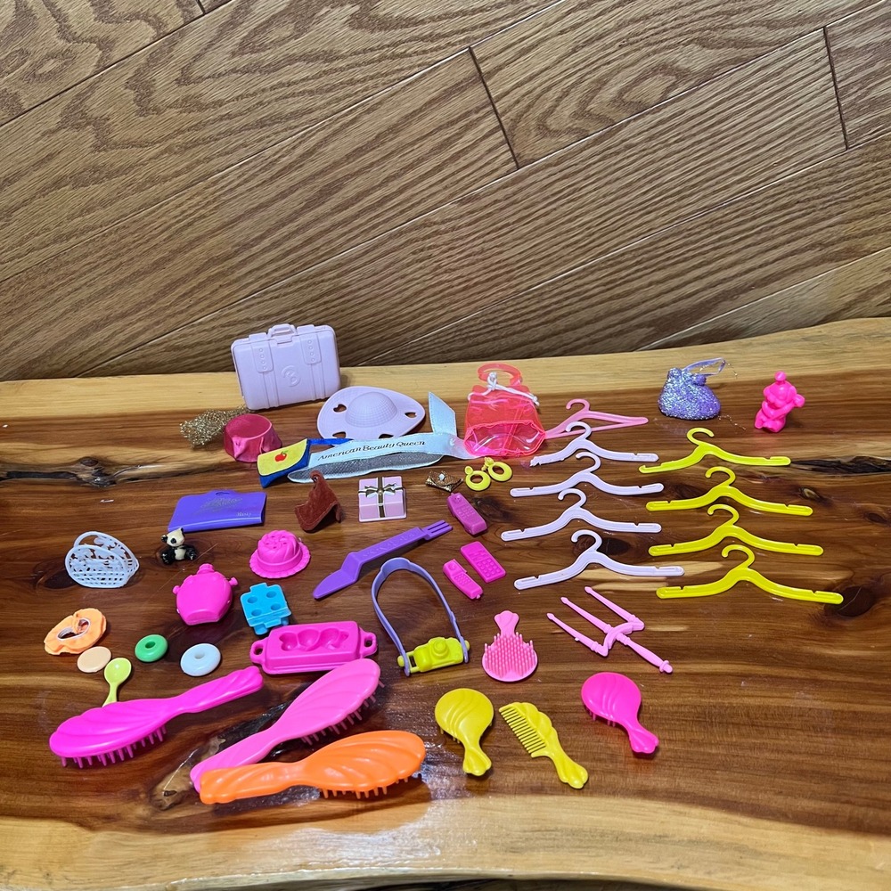 Barbie Doll Accessory Lot Hangers Purses Suitcase Brushes Mixed Pink Yellow